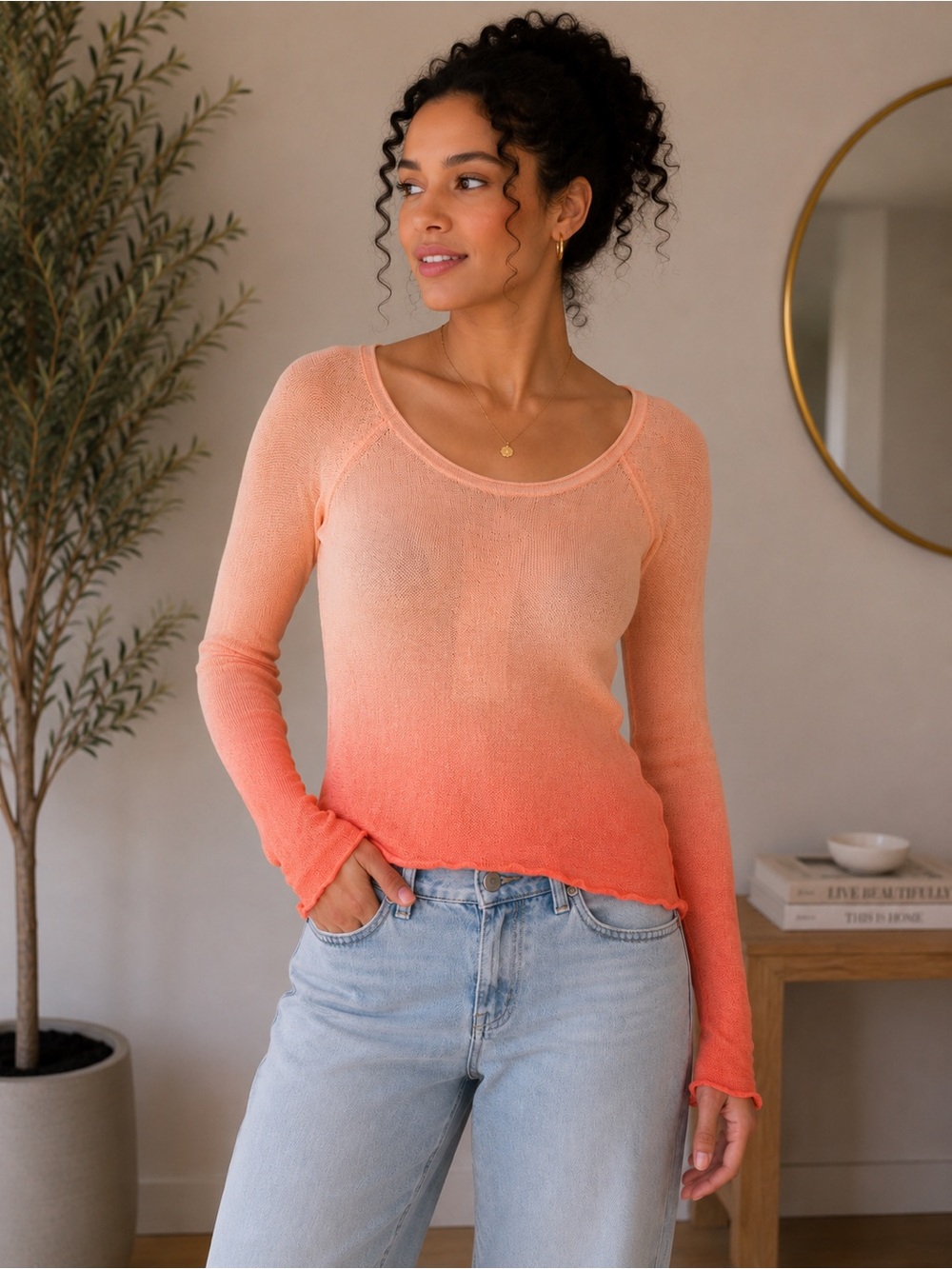NWT! One Step Up Peach Ombre Cotton Blend Lightweight Knit Top. Size: Medium